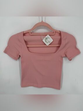 Dynamic Coquette Soft Girl Pink Ribbed Square Neck Fitted Crop Top NWT OSFM